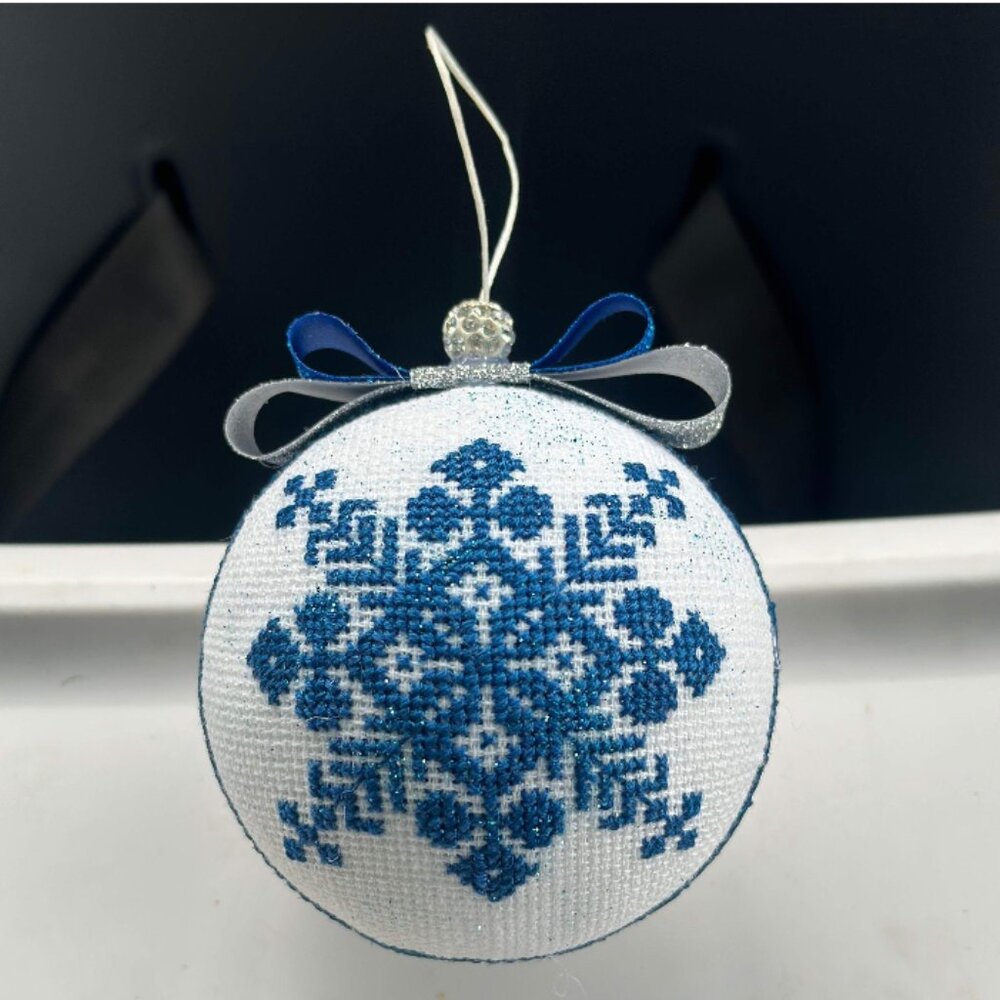Handmade Blue Cross-Stitch Christmas Ornament